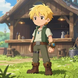 young blonde boy fantasy thief with steampunk wristband inside a fantasy tavern, finely detailed, made by wlop, artgerm, ross tran, full body portrait, illustration, grass, sunny, sky, anime, side view, perfect anime face, detailed face, zoomed out, smooth,