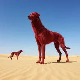 sunny karst desert wide shot, blue skies, crimson hound beast, fantasy concept art by alex horley and greg rutkowski