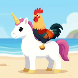 a photo of a rooster standing on a unicorn at the beach with a rainbow in the sky, detailed, vibrant, colorful, realistic, sunset, clear, 8k, hd, award winning image