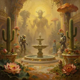 an oil painting by donato giancola, warm coloured, cinematic scifi luxurious futuristic foggy biomechanical victorian garden courtyard with lotus blossoms and bulbous alien floral fungi cactus growing out of pretty ceramic baroque fountains, gigantic pillars and flowers, beeple, halo, star wars, ilm, star citizen, halo, mass effect, artstation, atmospheric perspective