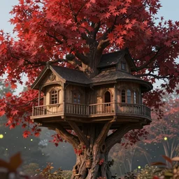a stunnng victorian tree house, ultra detailed, morning light, red leaves tree, octane render, high definition, fine details, fairy mood, fireflies, 8 k