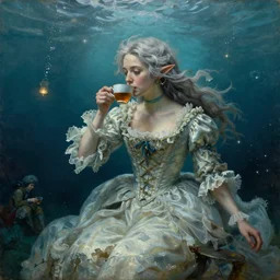 a 1 8 th century, messy, silver haired, ( ( ( mad ) ) ) elf princess ( look like ( ( young kate winslet ) ) ), dressed in a frilly ( ( ragged ) ), wedding dress, is ( ( drinking a cup of tea ) ). everything is underwater! and floating. greenish blue tones, theatrical, ( ( underwater lights ) ) fantasy oil canvas by jakub rozalski, jan matejko, and j. dickenson