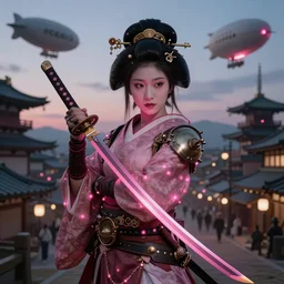 Steampunk geisha with a katana sword, soft pink lights, historical Japanese city, zeppelin in the air, hyperdetailed, winner photo, 8k
