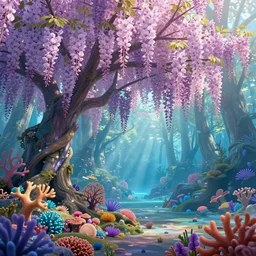 a cherry tree and wisteria forest underwater in horizon zero dawn 2 and avatar, rainbow corals and foliage, god rays, d & d, fantasy, intricate, elegant, highly detailed, digital painting, artstation, concept art, matte, sharp focus, illustration, hearthstone, art by bouguereau and greg rutkowski and ruan jia and conrad roset and bierstadt.