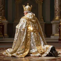 kneeling before the pope, royal robe, gold trim, light effect, hyper detailed, intricate, atmospheric, elegant, photorealistic by paul lehr, marco mazzoni, featured on cgsociety, rococo, whimsical, artstation