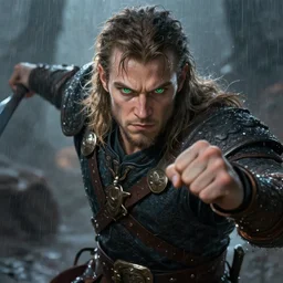 ragnar viking warrior handsome male, fighting pose, deep focus symmetrical face beautiful green eyes fur, wet, raining, close up, rim lighting, portrait, high fantasy atmospheric full body portrait hyper detailed symmetrical 8 k lighting. highly detailed painting by greg rutkowski, anime style