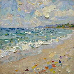oil paint impasto relief, beautiful italian beach scene, rough sea, multi layered thick brush marks, some splattered paint, in the style of ivan shishkin and frank auerbach and van gogh and signac