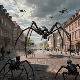 spider robots terrorising streets of weimar germany, heavy street battle. art by greg rutkowski and jakub rozalski