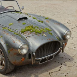 closeup of rusty shelby cobra, close up, extreme closeup, moss covered, desert, cracked dry lake bed, by Zdzislaw Beksinski, Norman Rockwell, highly detailed, soft lighting, 8k resolution, oil on canvas