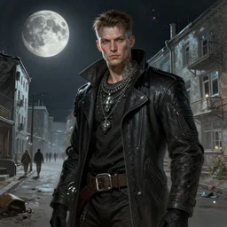 A portrait of a cyberpunk thug on the street of Soviet sleeping quarters on the moon, Norilsk, sci-fi, fantasy, intricate, very very beautiful, elegant, highly detailed, digital painting, artstation, concept art, smooth, sharp focus, illustration, art by artgerm and greg rutkowski and alphonse mucha