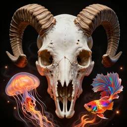 3 d octane render, japanese art, close - up swirly human skull!!! ram skull portrait!!! giant gladiola betta fish!! jellyfish phoenix fire energy flow, highly detailed. by wlop, tooth wu, greg rutkowski, alena aenami, beeple