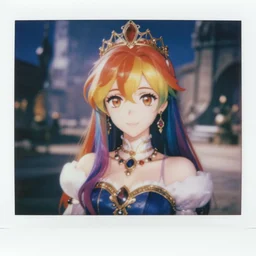 ( ( polaroid ) ) of anime girl with raimbow hair and brown red eyes wearing a princess outfit with beautiful jewelry in mos eisley, cinestill 8 0 0 t, 8 5 mm f / 1. 8, bokeh, cinematic