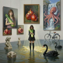 painting of a flooded art gallery with paintings on the wall, emo girl holding a courgette, pomegranates, octopus, waterfall, long black boots, flooded, stone sculptures, zen, rays of sunlight, black swans, bicycle, berries, surrealist, by magritte and monet