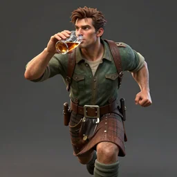 a 1 9 7 0 s scottish man drinking whisky while running, hyperrealistic, ultra realistic, realistic, highly detailed, epic, hd quality, 8 k resolution, body and headshot, front facing, front view, headshot and bodyshot, detailed face, very detailed face, full body and head, tf 2 style, team fortress 2 style, tf 2 character,