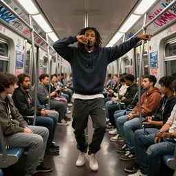 a man with dreads and a hoodie freestyle rapping on a subway car filled with people and covered in graffiti, trending on artstation, digital art