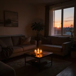 dark dreamy cozy living room, candlelight glow, sunset, shadows