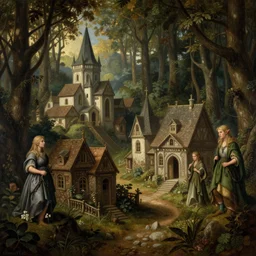 a secret village of Elves in the woods, with elven architecture, renaissance paiting