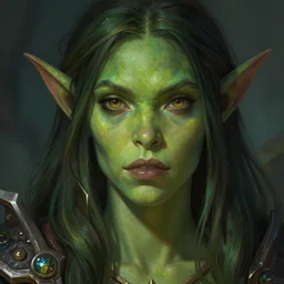 up close portrait of a beautiful female orc with long hair, green skin, world of warcraft, face, fantasy, intricate, elegant, highly detailed, digital painting, artstation, concept art, smooth, sharp focus, 4 k uhd, illustration, art by artgerm and greg rutkowski and alphonse mucha
