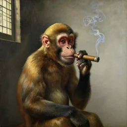 Monkey smoking a Cuban cigar, oil on canvas, by Johannes Vermeer