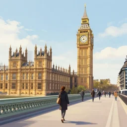 i walk the big ben, in london. volumetric lighting, spring, late morning, sunny weather, few clouds, realistic illustration, perfectly shaded, soft painting, art by krenz cushart and wenjun lin