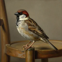 oleo, by diego velazquez, artstation, an oil painting of a sparrow perched on a chair, sharp focus, highly detailed