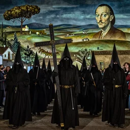 A Holy Week procession of grim reapers in a lush Spanish landscape at night. A hooded figure at the front holds a cross. El Greco, Remedios Varo, Salvador Dalí, Carl Gustav Carus, Edward Hopper.