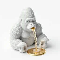 a stream of water pouring from a biomorphic gorilla skull and producing a gaseous liquid gold, in the style of a wild mushroom fountain, architectural photography , isometric views, bath infrastructure, white crystal texture , 8k