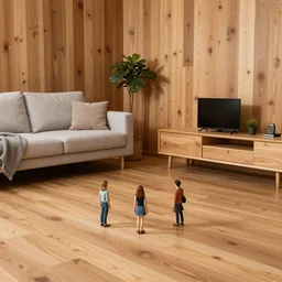a living room with wood walls wood floor wood people and three tiny Helen hunts