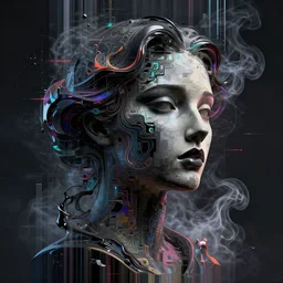 epic concept art. abstract female face silhouette mixing with black and color liquid fluid. abstract sculpture. pixel sorting, glitch art, art deco swirls. vertical glith lines. smoke simulation, vfx, cinema 4 d, tyflow. masterpiece, michelangelo. concept art, matte painting. greg rutkowski, wlop, victo ngai, kandinski