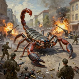 giant scorpion robots terrorise streets of weimar berlin and attack freikorps soldiers and civilians, detailed painting, intense heavy street battle, bullet hell, pile of bodies, artillery bombings, art by greg rutkowski and jakub rozalski