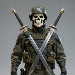 android, skeletal face, swords for arms, military prototype, photography