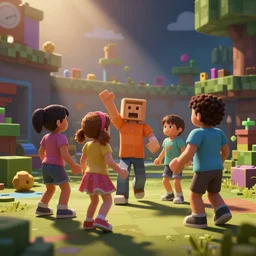 35mm photo of kids playing and having fun in a roblox world