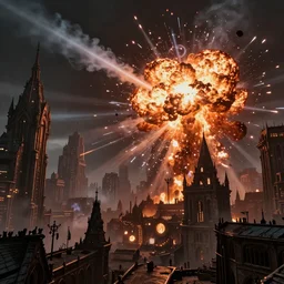 a comet crashing in a gothic medieval cyberpunk city, giant explosion, fire, trail of smoke, high quality, detailed, 8k, unreal engine, octane render, trending on artstation