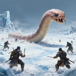 a giant sand worm attacks warriors in a icy desert, ice, snow, cold, by the tony sart