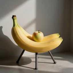 a realistic banana chair, an apple is sitting on the chair