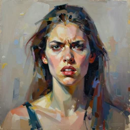 paint an original angry abstract expressionism masterpiece portrait of a human female, in the style of sd ai and beauford delaney, digital art, muted textured colors