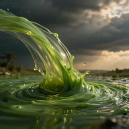 a green liquid mixed with honey, waving, flowing, dramatic lighting