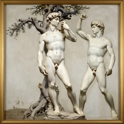 a fresco painting of the recreation of adam by michelangelo, a woman and a man, a twisted tree, tree branches intertwine limbs, in front of a glowing log cabin at night, overcast skies, dark blues and greens, dark forest background, dark, nightmare, dreamlike, octane render, highly detailed, intricate detail, 4 k, 8 k, trending on artstation