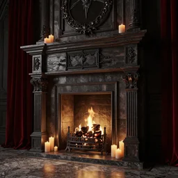 highly detailed 3 d architectural render of a vampire's castle fireplace, dark aesthetic, wooden fixtures, red curtains, lots of wax candles, volumetric lighting, granite glossy floors, octane render,