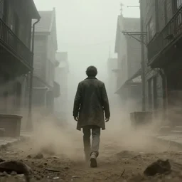 guy walking in town of silent hill covered by dust in the fog, hyperdetailed, artstation, cgsociety, 8 k