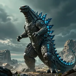 a humanoid hybrid of a super computer and godzilla