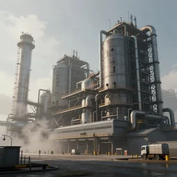 side view of an epic render of a massive factory building, volumetric light, fog, trending on artstation