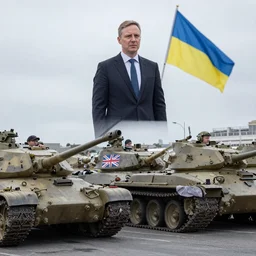 Lizz Truss leading a group of union jack clad tanks to the aide of Ukraine