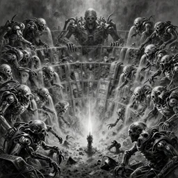 b & w inks of 1 1 horrifying, emotionless, blind machines in tiers, insane speed of excavating chrome pit for endgame machine, by wayne d barlowe, boris vallejo, stefano tamburini, torch light, muted colors, epic, hyper detailed, awe inspiring, award winning horror, hyper realism, cinematic