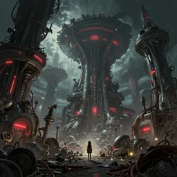 beautiful low angle painting of ab alien world with unknown structures and technolog, steampunk, wires everywhere, junk on the ground, neon lights, red neon highlights, a tiny girl watching on, moody atmosphere, epic composition, dramatic lighting, trending on artstation, octane render, by robert zemeckis