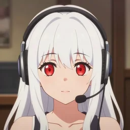 anime visual of a cute girl, with red eyes!!!! and long white hair!!!! wearing a headset in her room interior, anime cute face by ilya kuvshinov, yoh yoshinari, makoto shinkai, katsura masakazu, headshot, cinematic still, ambient lighting, cel shaded