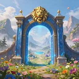 A giant medieval fantasy blue energy portal gate with a rusty gold carved lion face at the center of it, the portal takes you to another world, full of colorful flowers on the lost Vibes and mountains in the background, spring, delicate fog, sea breeze rises in the air, by andreas rocha and john howe, and Martin Johnson Heade, featured on artstation, featured on behance, golden ratio, ultrawide angle, f32, well composed, rule of thirds, center spotlight, low angle view-W 1024