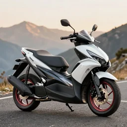 photo of yamaha aerox with black and white pearlescent paintjob, mountainroad background, golden hour, 5 6 0 ccm, race style, custom scooter, dslr, 8 5 mm, f / 1. 3