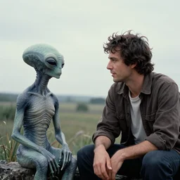 old film photography of jaime maussan and an alien having a conversation