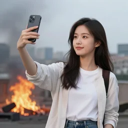 girl taking selfie while city burns in background
